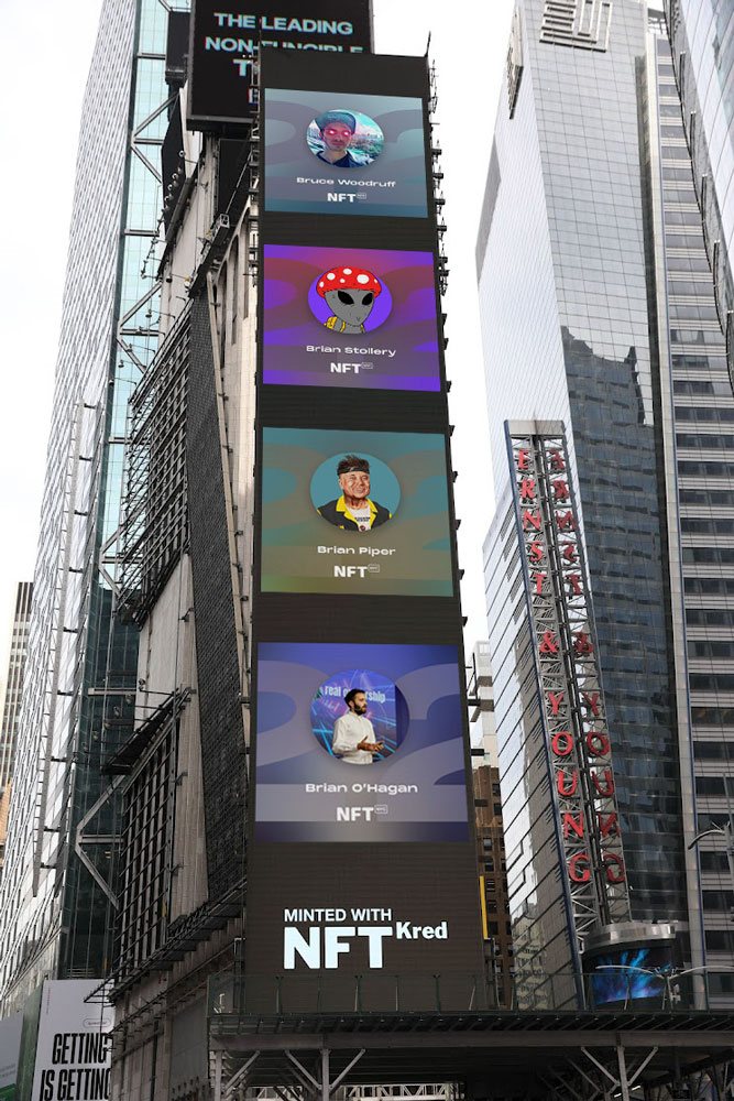 Brian Piper featured on the Times Square billboard in New York City during NFTNYC 2022.