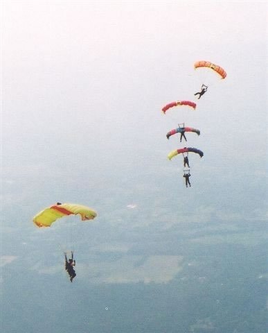 Parachutes linked in a stack formation as part of a competitive skydive which can teach us about epic content marketing.